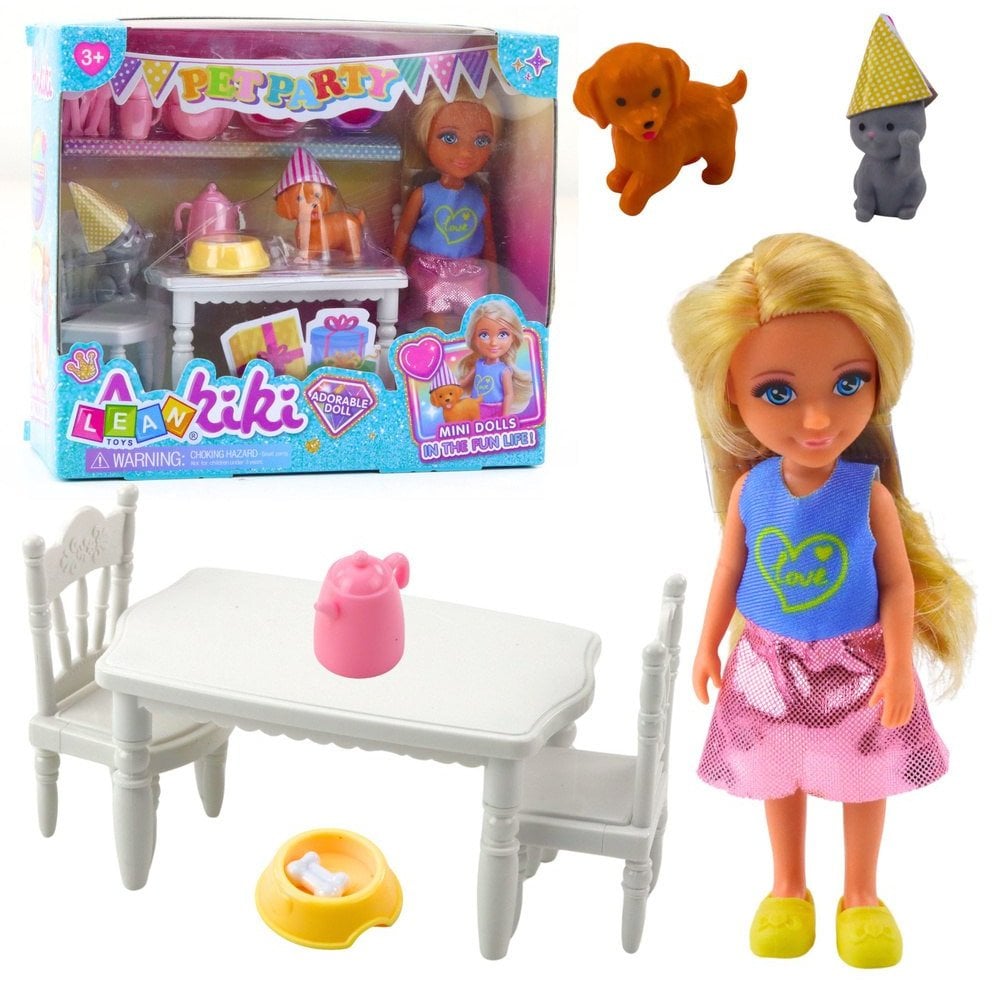 Zestaw Urodzinowy Lalka Zwierzęta Pies Kot Stół Akcesoria