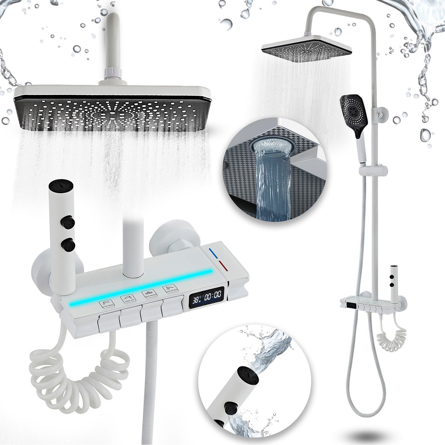 Zestaw prysznicowy Heckermann V6 Biały Kolumna prysznicowa z regulacją temp