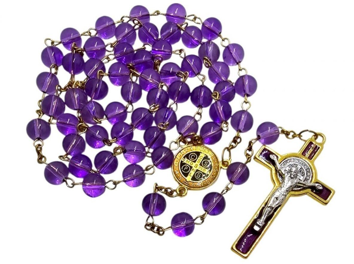 Różaniec szklany św. Benedykt fioletowy