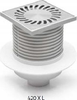 Chudej Dolny odpływ podłogowy D50 wys.102÷156 122x122 kratka stal nierdzewna z kołnierzem kwadratowa