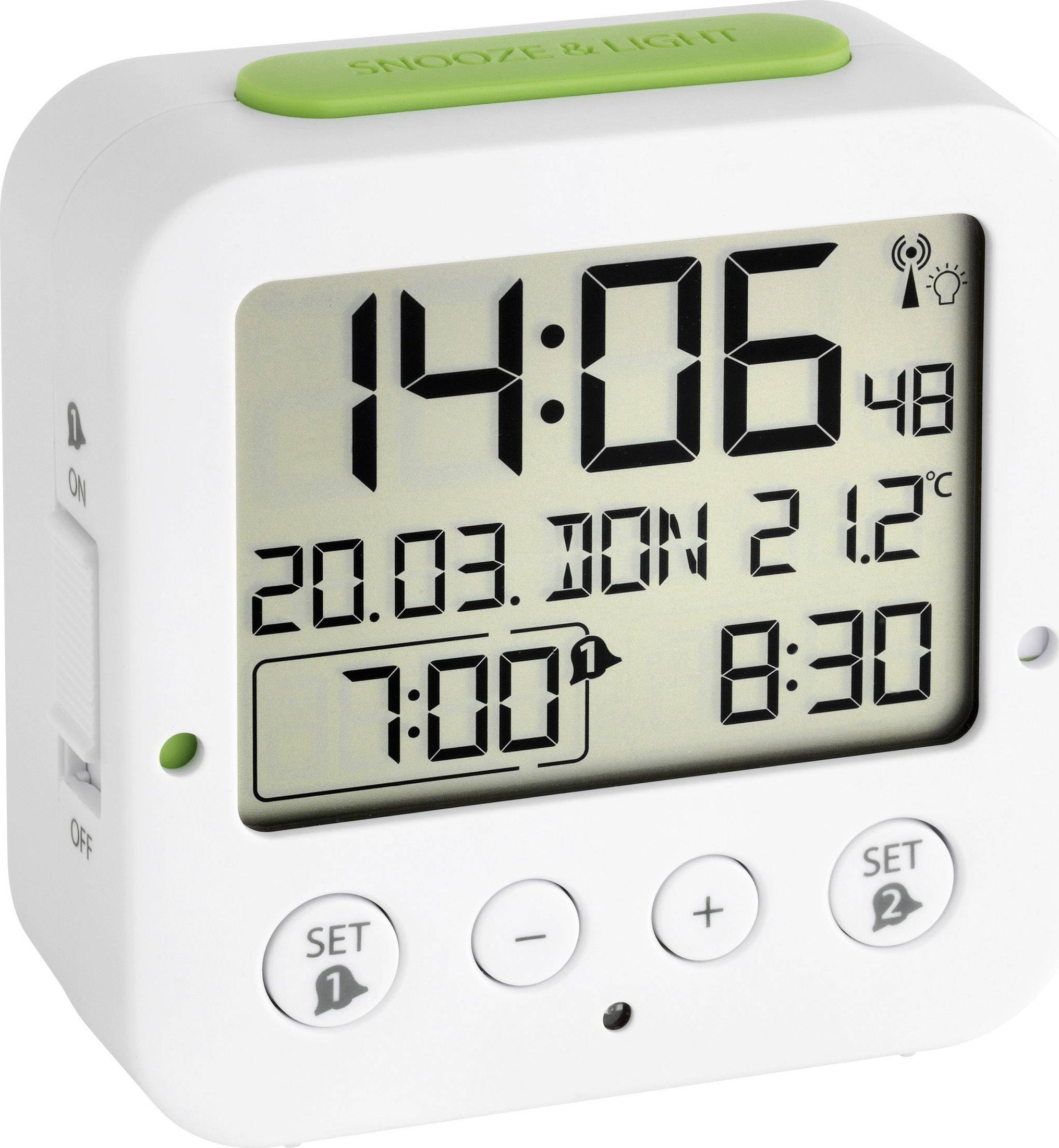 TFA 60.2528.02 Bingo white Digital RC Alarm Clock w. Temper