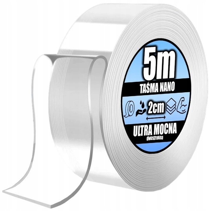 Jcpal TAŚMA dwustronna 5m/2cm NANO wielokrotnego użytku klej mocna montażowa 5M