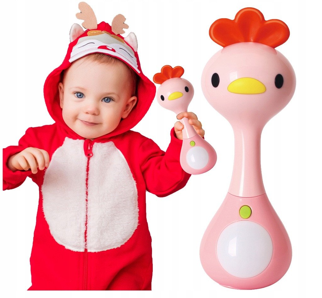 Grzechotka z gryzakiem kurczak guma kauczuk plastik dźwięk światło