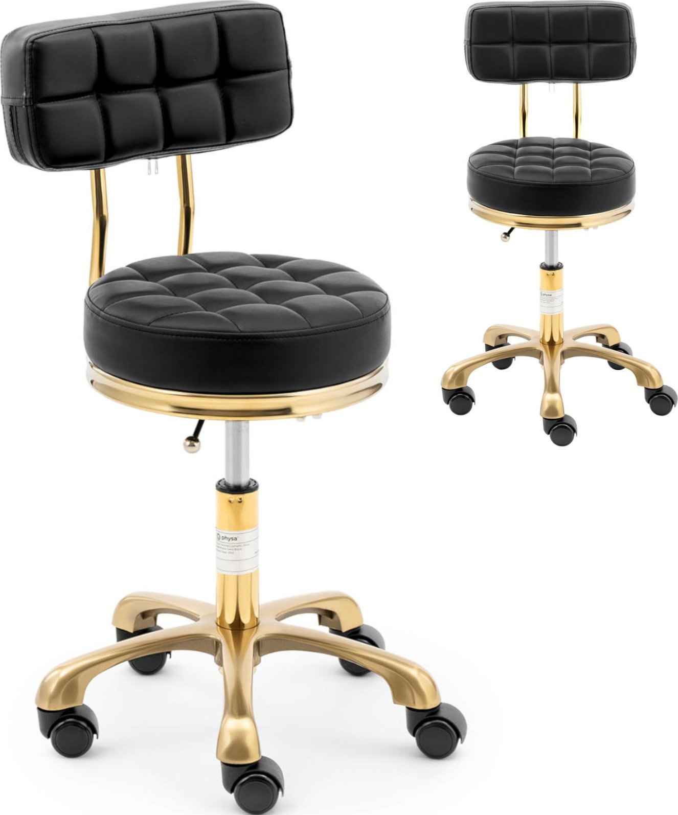Physa Krzesło taboret hoker kosmetyczny z oparciem na kółkach do 150 kg GELA czarno złoty Krzesło taboret hoker kosmetyczny z oparciem na kółkach do 1