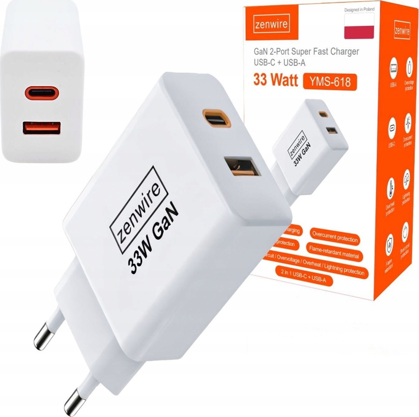 Ładowarka Zenwire Szybka Ładowarka Sieciowa Kostka GAN III 33W Zasilacz USB-C USB-A do iPhone Samsung Zenwire YMS-618