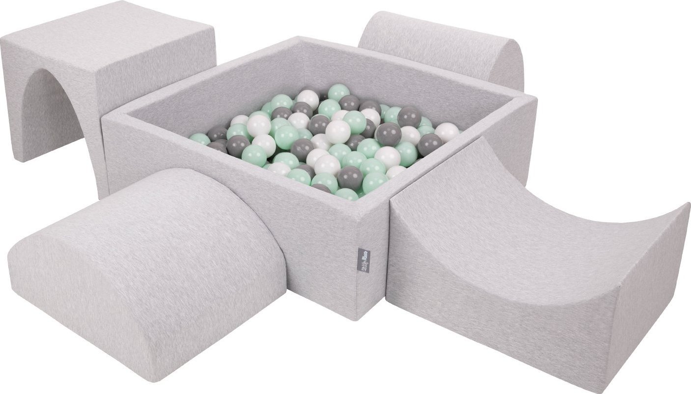 KiddyMoon KiddyMoon Piankowy plac zabaw PPZP-KW30D-135 z piłeczkami jasnoszary: biały-szary-mięta basen 200/górka/tunel/rampa L/półwałek L Zabawka pla