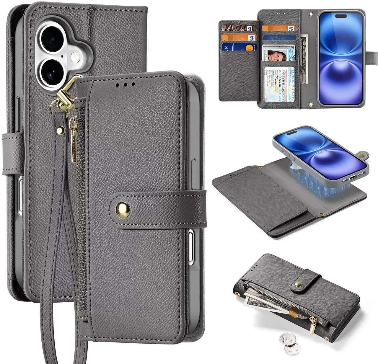 Etui skórzane do iPhone 16 MagSafe Dux Ducis Lawa + portfel szare