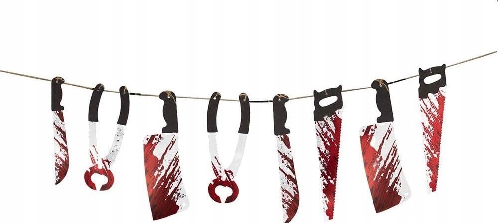 Korbi GIRLANDA HALLOWEEN NARZĘDZIA TORTUR KRWAWE PIŁA NÓŻ ZAKRWAWIONA 200cm
