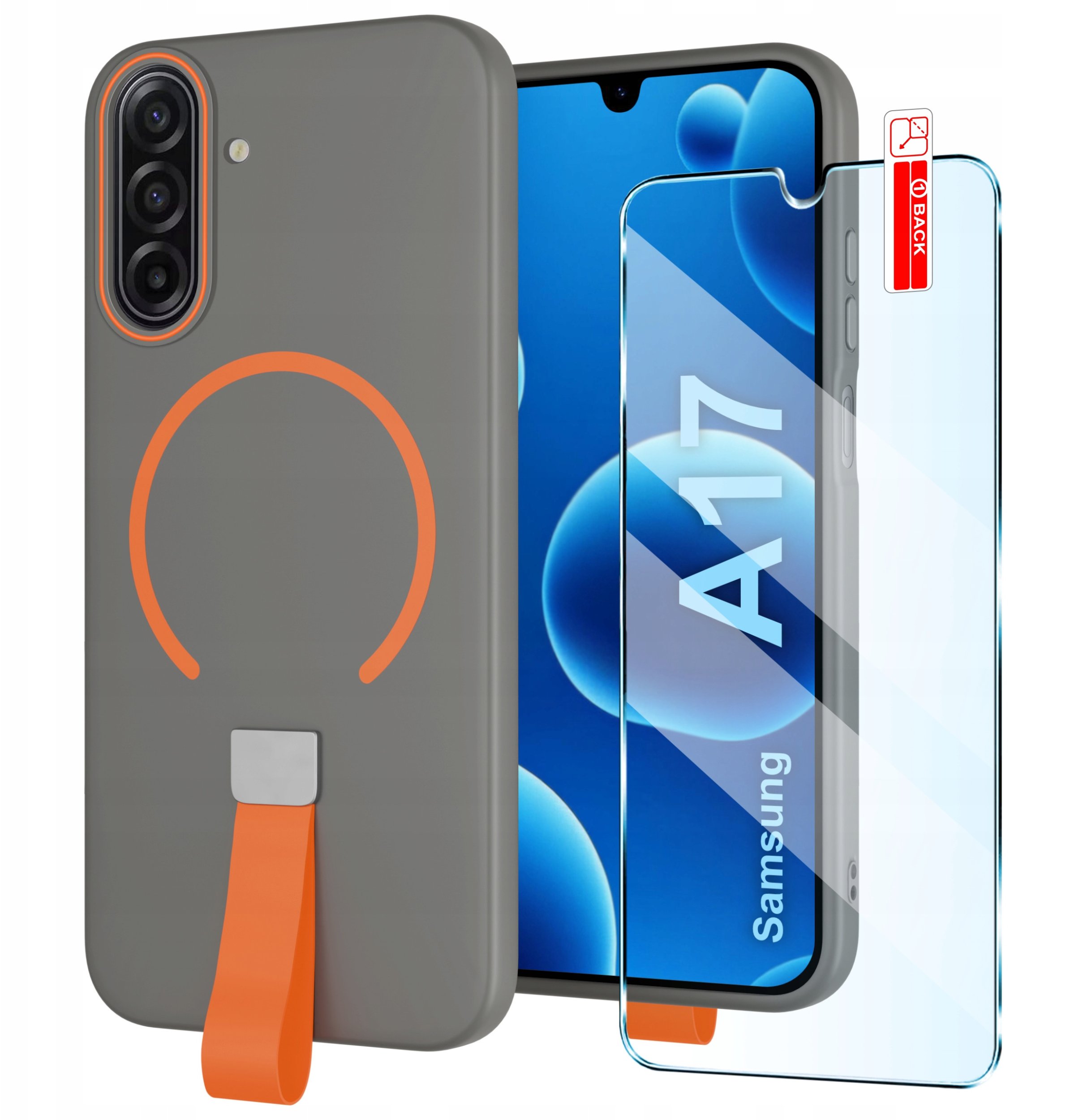 Etui z Paskiem na palec SZARE Matowe do Samsung A17 5G |do MagSafe +Szkło