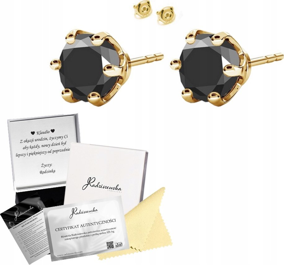 Radziszewska Jewellery Kolczyki Złote Cyrkonia Czarna SREBRO 925 Prezent Kobieta ŻYCZENIA GRATIS