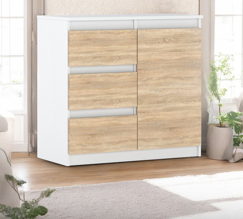 Komoda Biała Drewniana Nowoczesna Do Sypialni 80cm 3 Szuflady Dąb Sonoma