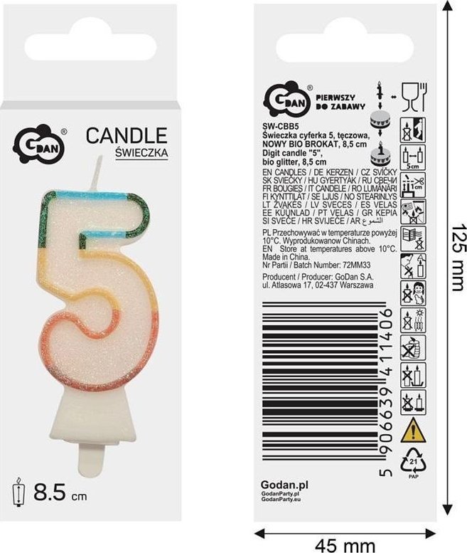 Świeczka cyfra 5 tęczowa 8,5cm