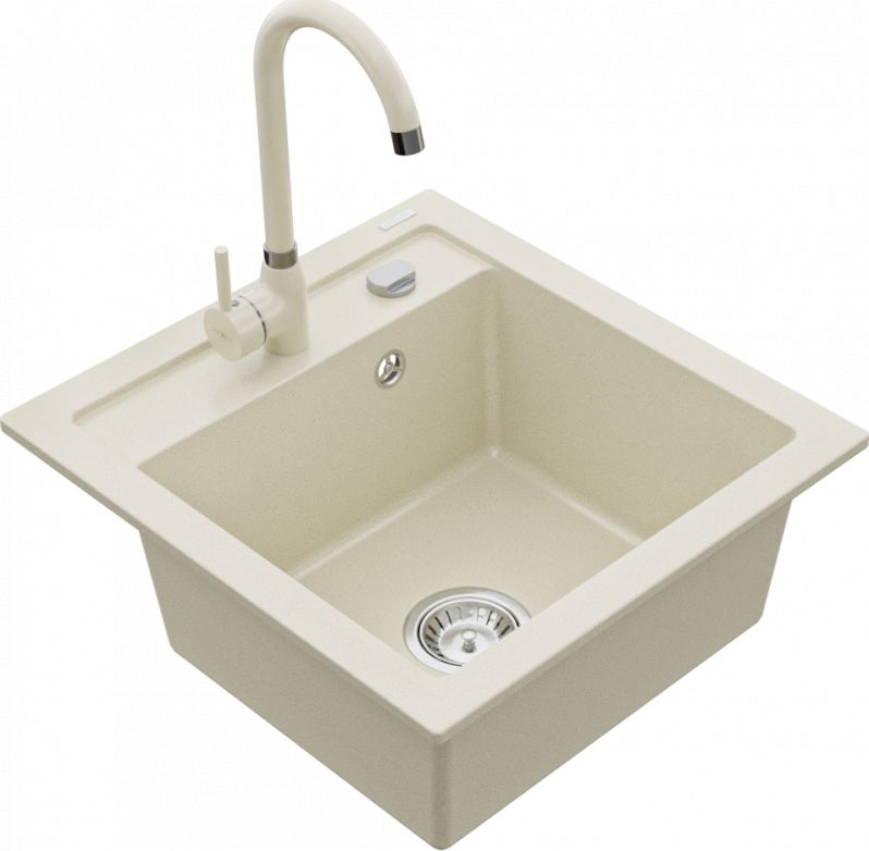 Zlewozmywak Mexen Vito granitowy 1-komorowy z baterią kuchenną Telma, beżowy - 6503-69-670200-69