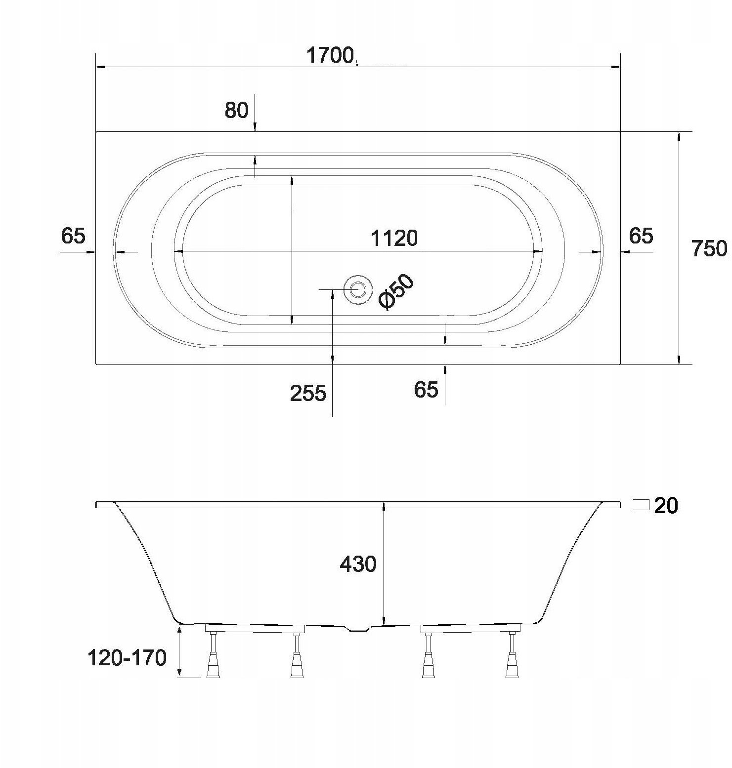 Wanna Caldo DPL587WL OVAL Wanna akrylowa 170x75x57cm Standard Plus