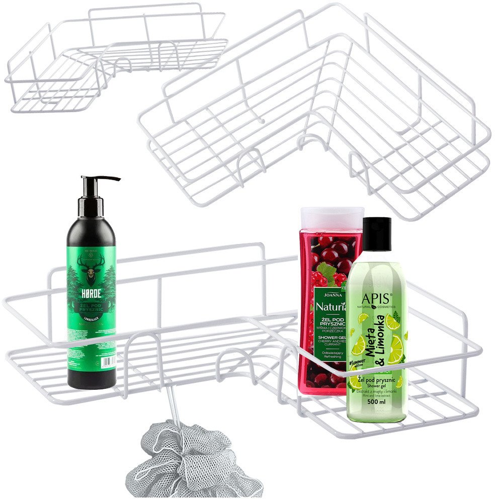 Półka łazienkowa do łazenki pod prysznic narożna loft wisząca haczyk biała