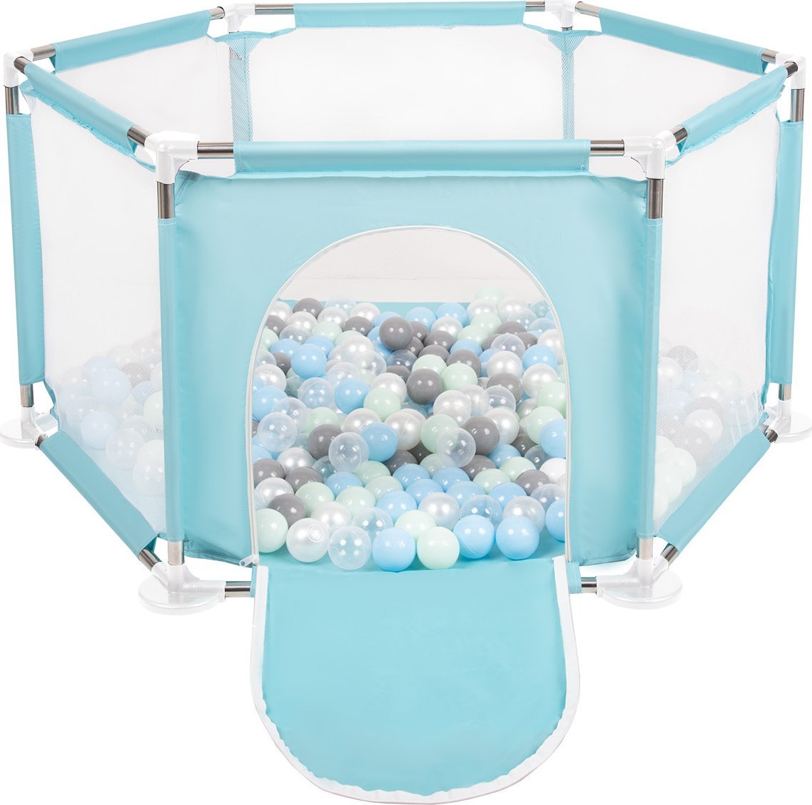 Selonis Selonis Sześciokąt składany KS-100X z piłeczkami 6cm miętowy: perła-szary-transparent-babyblue-mięta 63x64/200piłek Zabawka kojec