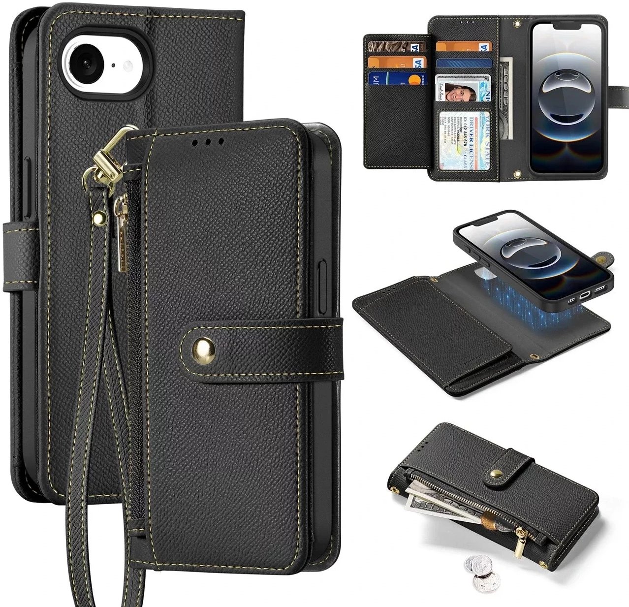 Etui skórzane do iPhone 16e Dux Ducis Lawa Black z portfelem MagSafe czarne