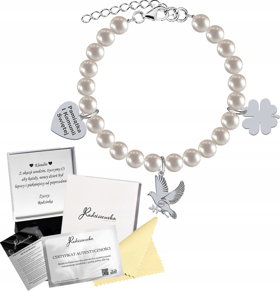 Radziszewska Jewellery Bransoletka Srebrna na KOMUNIĘ Gołąb IHS Serce Koniczynka GRAWER GRATIS