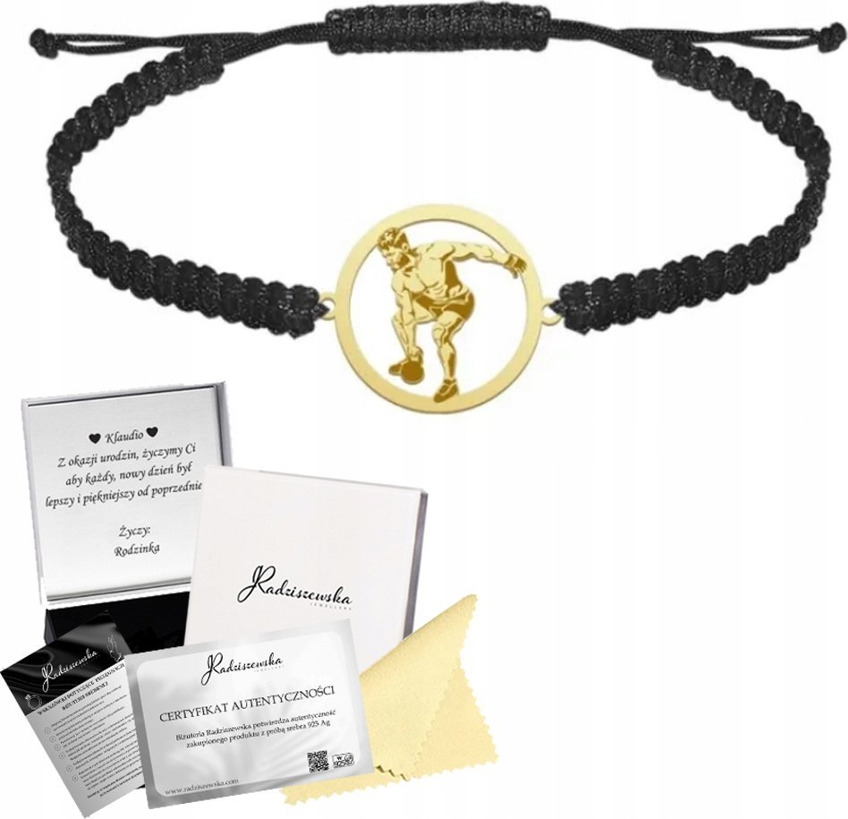 Radziszewska Jewellery Bransoleta Męska Złota Kettlebell CrossFit Sznurek 925 Prezent GRAWER