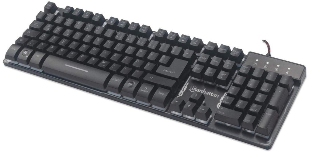 MANHATTAN USB-Gaming-Tastatur Metallunterseite 12 Funktionstasten farbige LED-Hintergrundbeleuchtung 19 Anti-Ghosting-Tasten IPX4