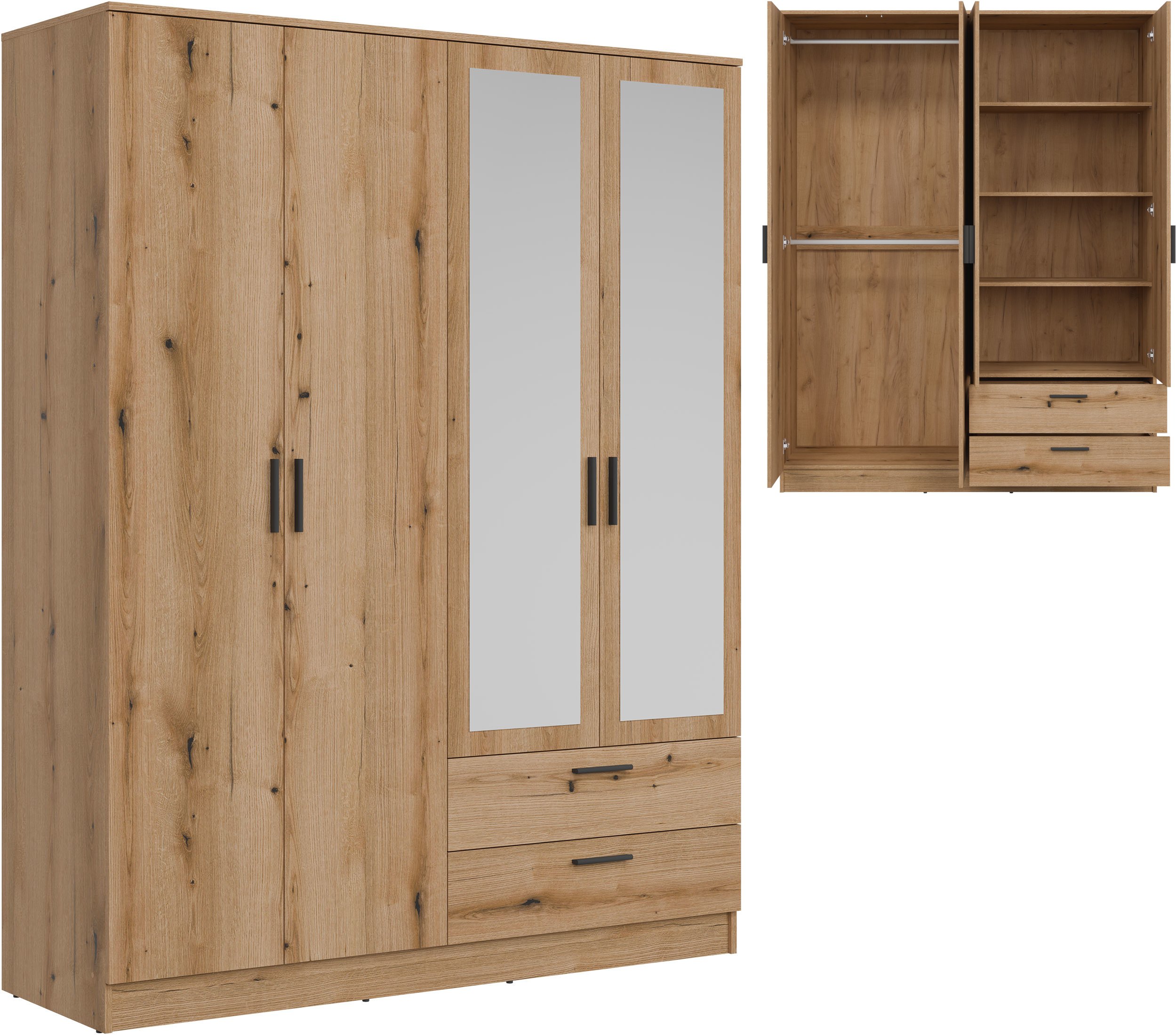 Szafa czterodrzwiowa z szufladami i lustrem 160 cm dąb evoke MONTANA MT04