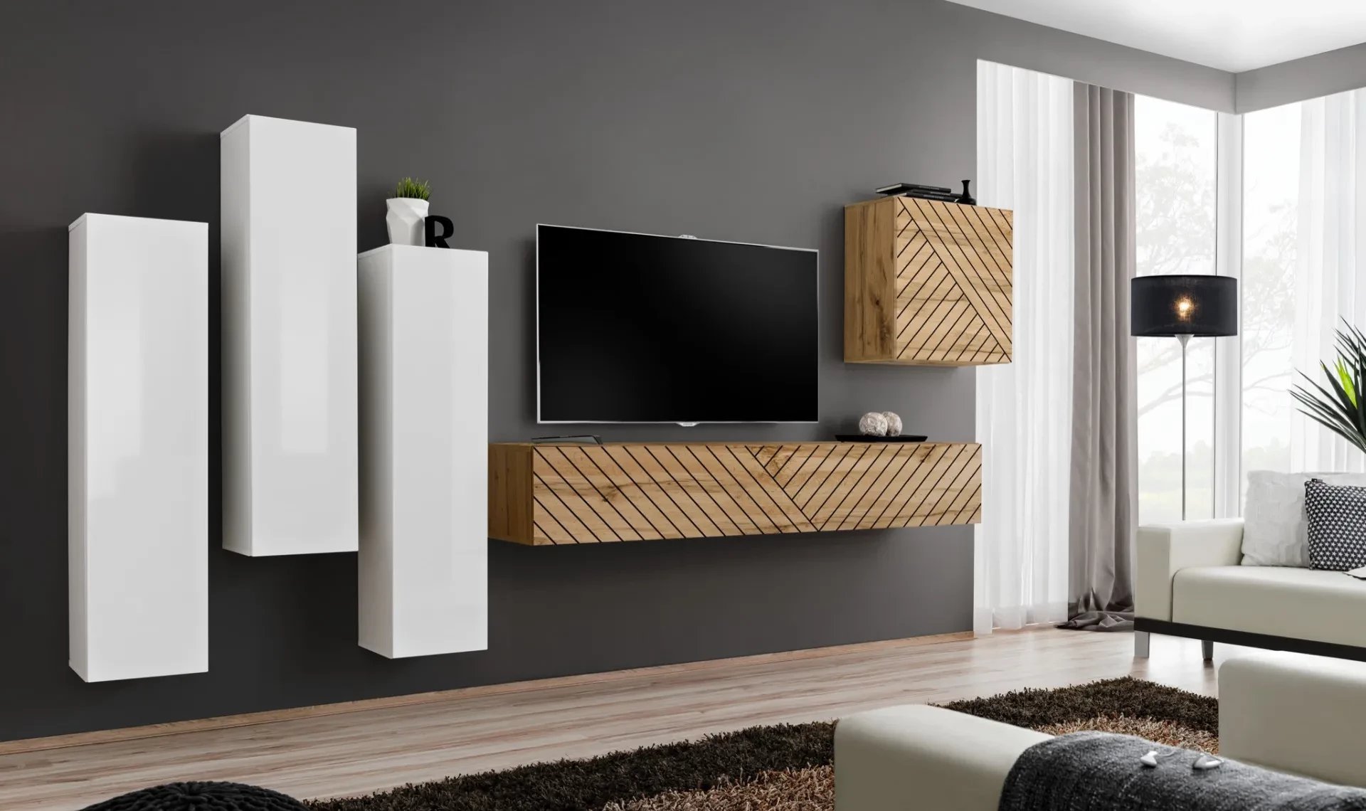 Meblościanka SWITCH LAMEL III biała/dąb wotan ASM Meble