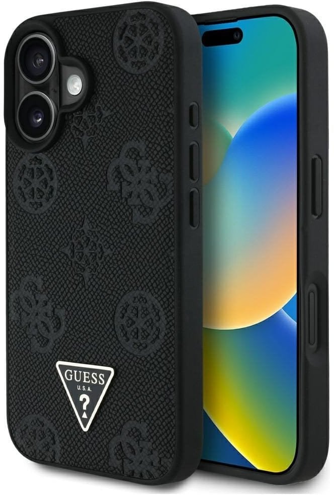 Etui Guess Grained Hot Stamp Peony Triangle Logo MagSafe do iPhone 16 czarny