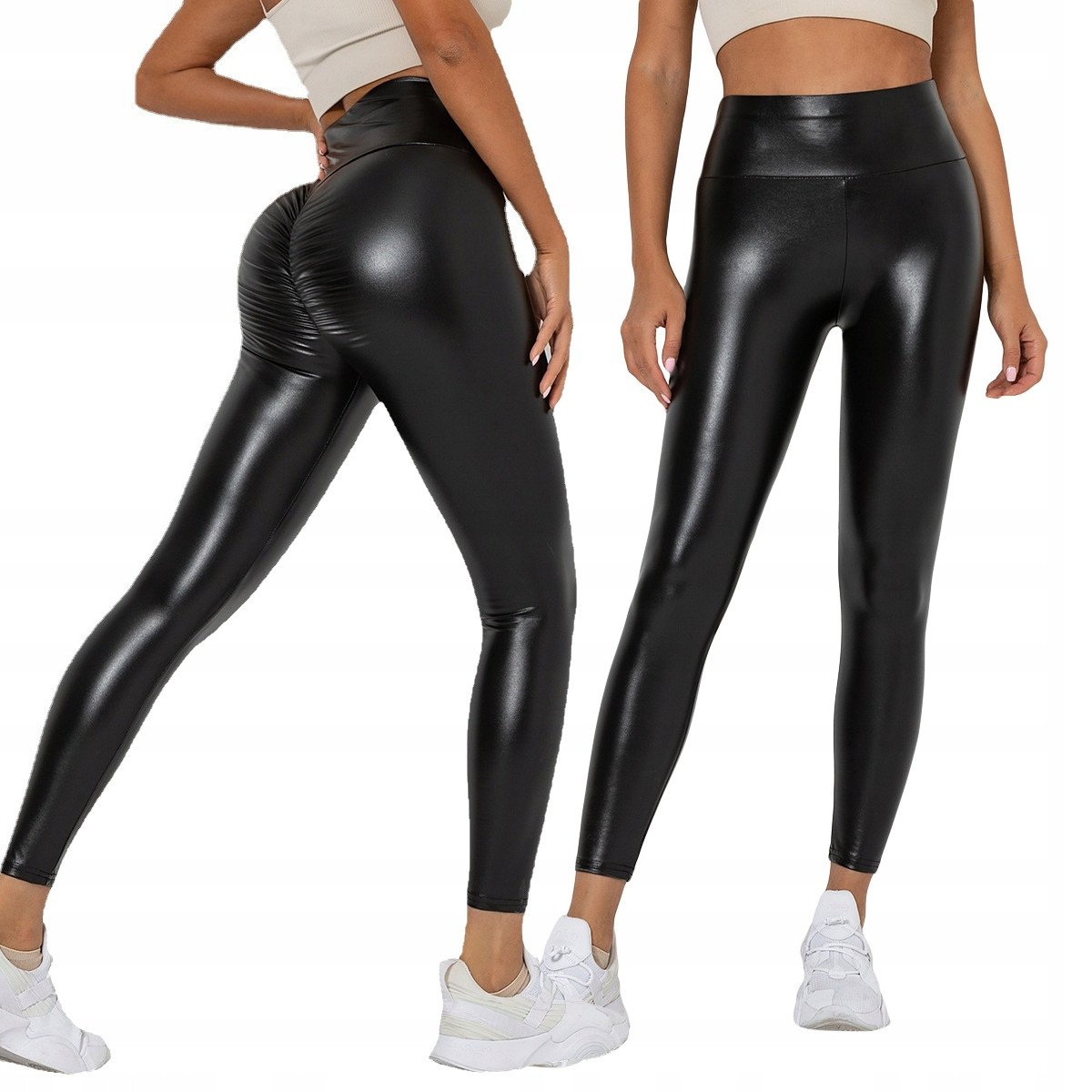 Legginsy MODNE Wysoki Stan MODELUJĄCE EKO SKÓRA z Marszczeniem CZARNE r.M