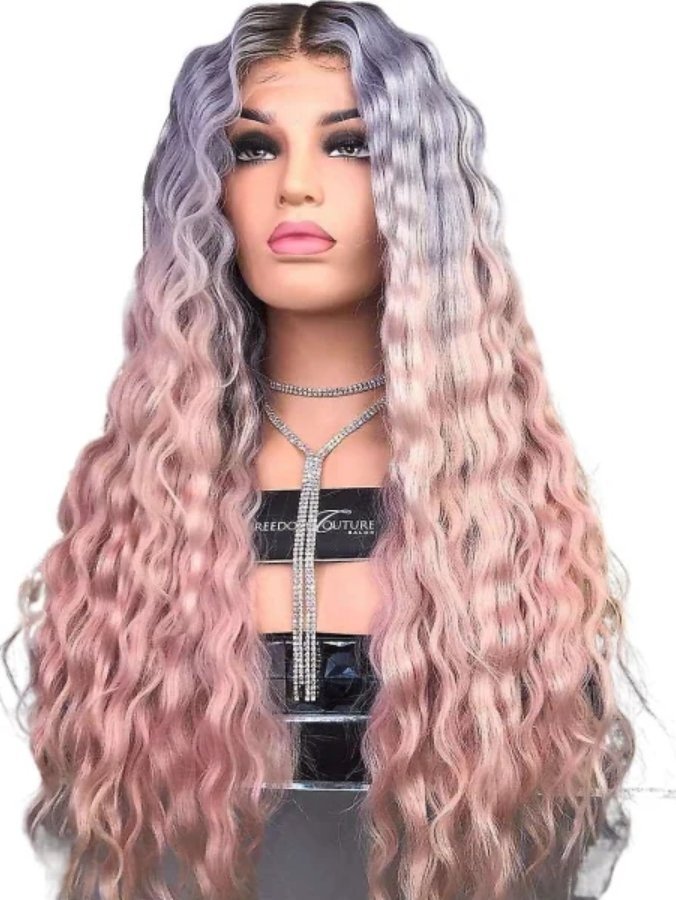 Korbi PERUKA WŁOSY DŁUGIE RÓŻOWE FIOLETOWE FALOWANE KRĘCONE NA SIATCE W94