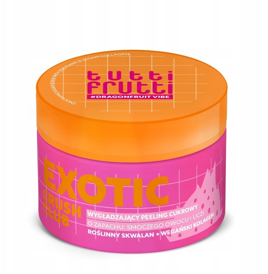 TUTTI FRUTTI #DragonfruitVibe Wygładzający peeling cukrowy Smoczy owoc + Skwalan + Kolagen 250 g