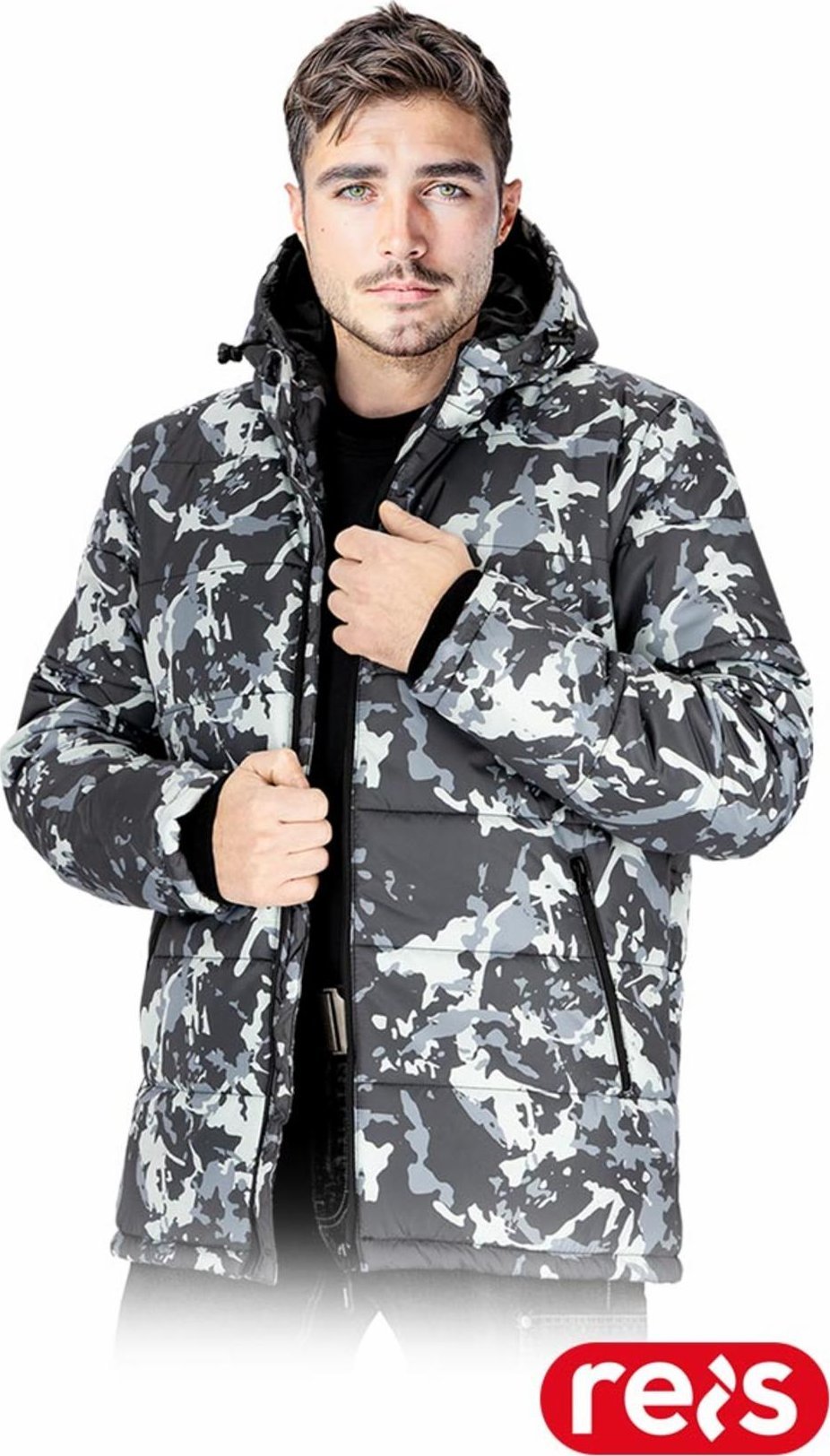 Kurtka męska Reis BISMARCK - Męska kurtka ochronna z kapturem ocieplana pikowana tkanina 100% poliester 300T pongee zapinana na zamek błyskawiczny 4 k