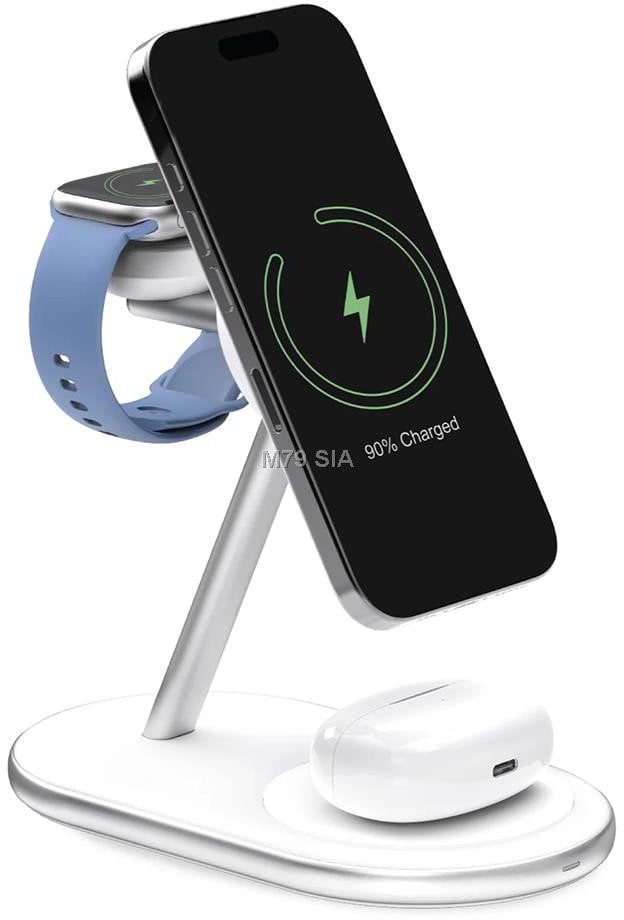 Ładowarka bezprzewodowa 3 w 1 Puro Mag Station Qi2 kompatybilna z MagSafe - biała