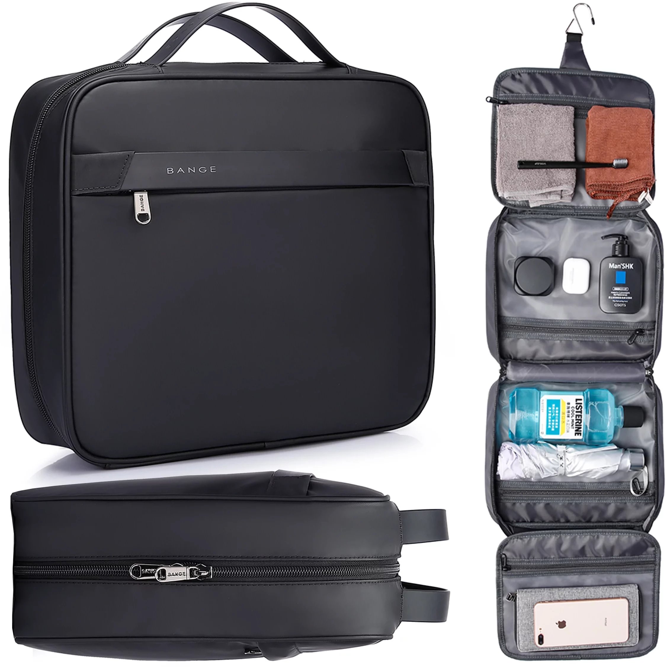 Torba wodoodporna Kosmetyczka Bange 30x26x10 cm rozkładana na kosmetyki akcesoria Podróżna damska męska Czarna