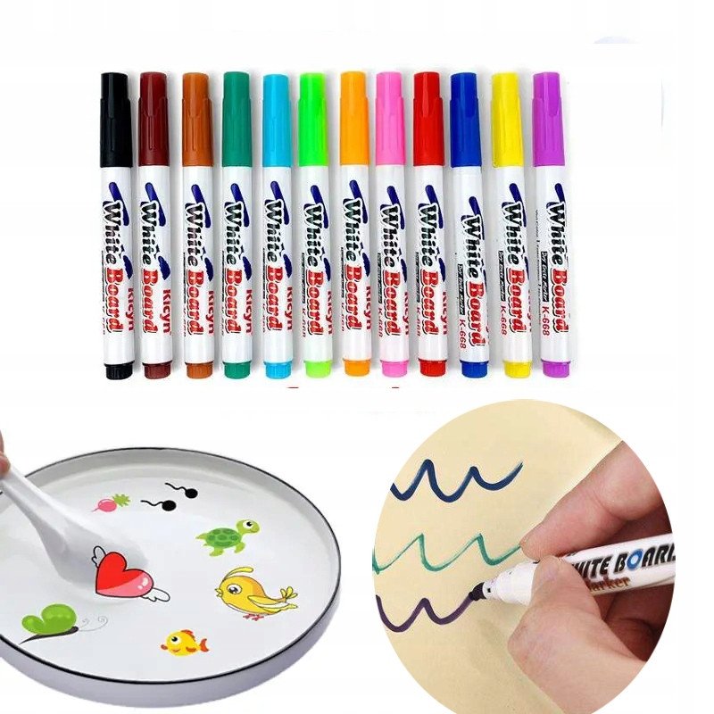 ZESTAW PISAKÓW MARKERÓW 12 sztuk TABLIC SUCHOŚCIERALNYCH MAGICZNE NA WODZIE