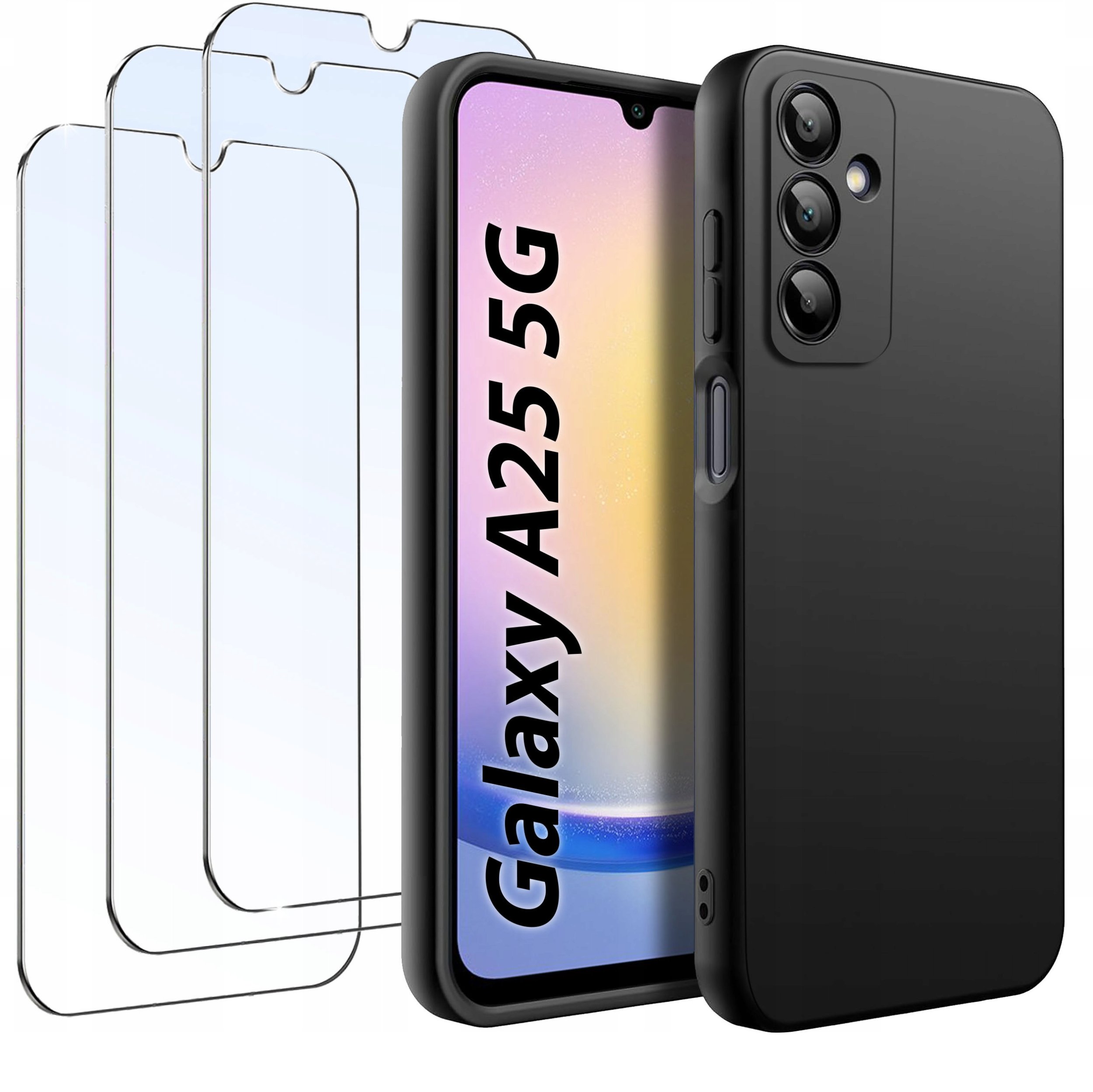 ZESTAW Etui do Samsung A25 5G Matowe Czarne Silikon Slim + 3 SZTUKI SZKŁO