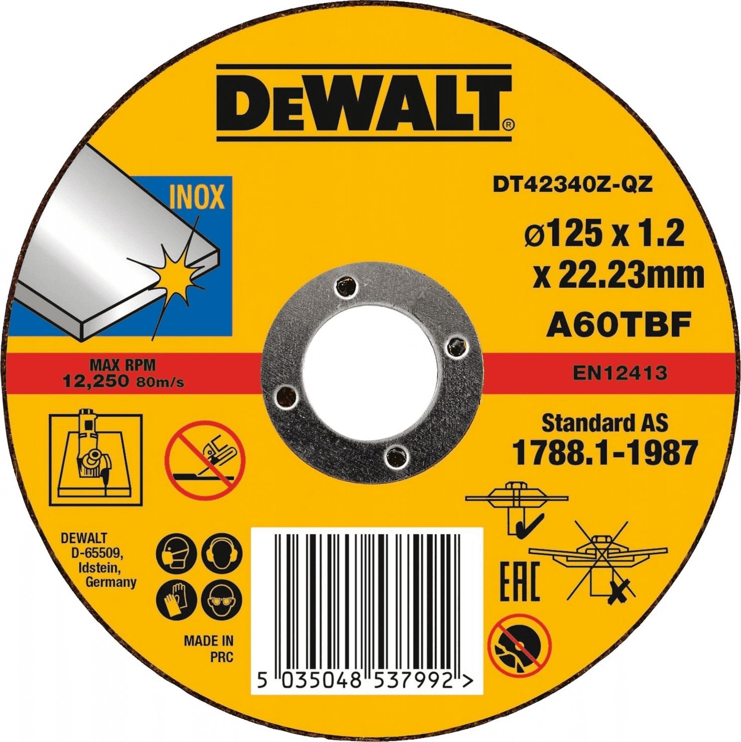 Dewalt tarcza do cięcia metalu 125x1,2x22,2mm 10 sztuk Inox (DT42340TZ-QZ)