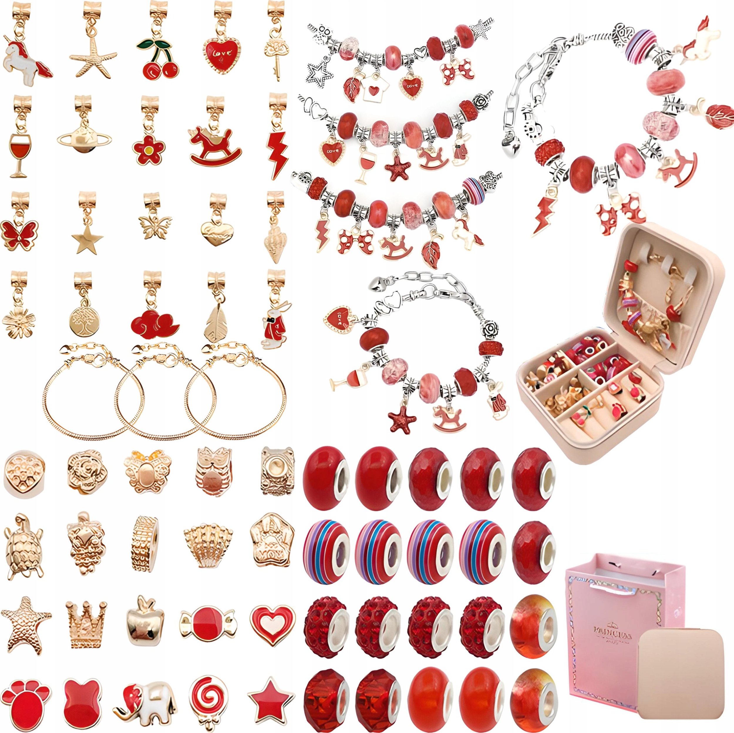 Zestaw Do Tworzenia Robienia Biżuterii, Bransoletek, Charmsy, Zawieszki, Koraliki ODCIENIE CZERWIENI