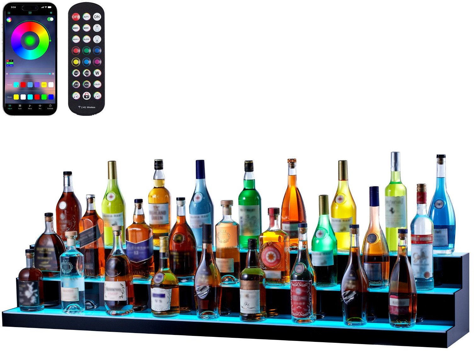 Podświetlana półka na alkohol 152cm sterowanie RF/aplikacja 3-poziomy bar