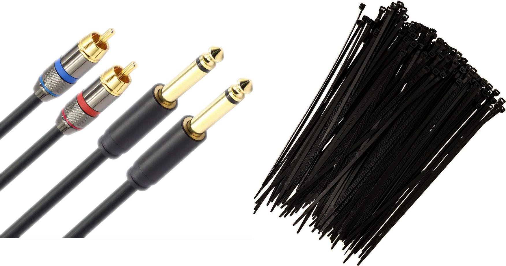 Kabel Mozos Kabel Mozos Jack 6.3mm - RCA (Cinch) x2 3m czarny (MCABLE-2JT2R) + Opaska zaciskowa Czarny 100 sztuk (MCABLE-M)