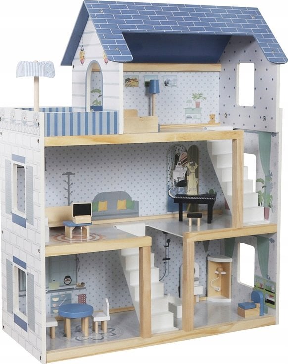 Drewniany błękitny domek dla lalek + mebelki 3 piętra teras ZA5273