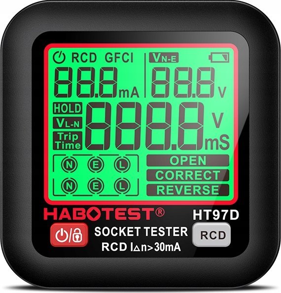 HABOTEST HT97D TESTER NAPIĘCIA GNIAZDEK SIECIOWYCH ELEKTRYCZNYCH DUŻY LCD