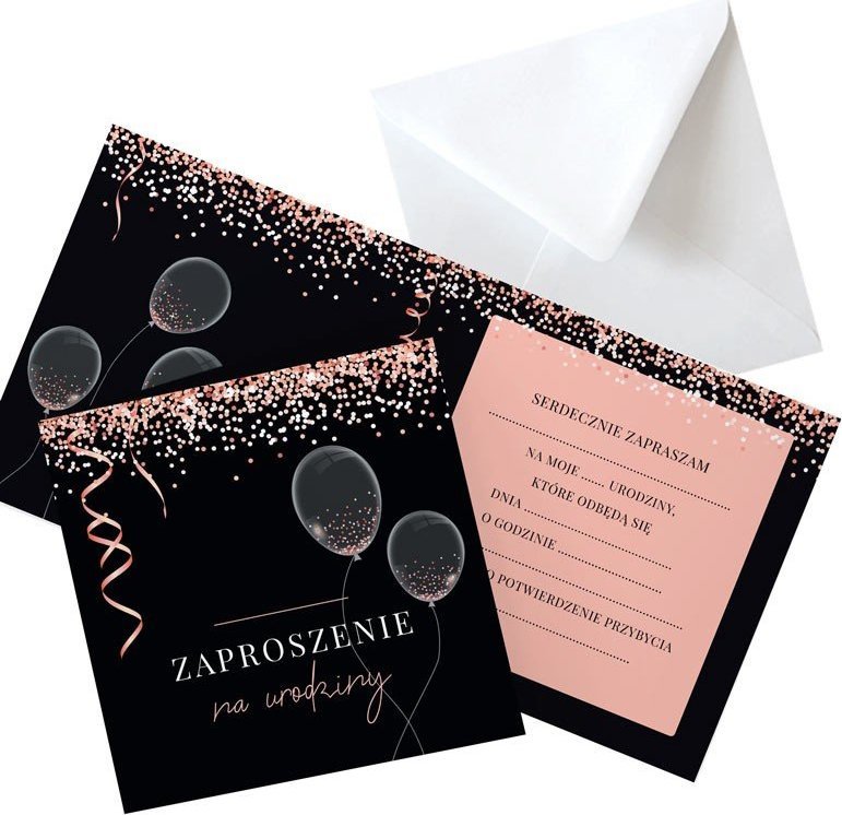 ZAPROSZENIA na 18, 30, 40, 50 Urodziny Rosegold Black 10szt (+koperty)