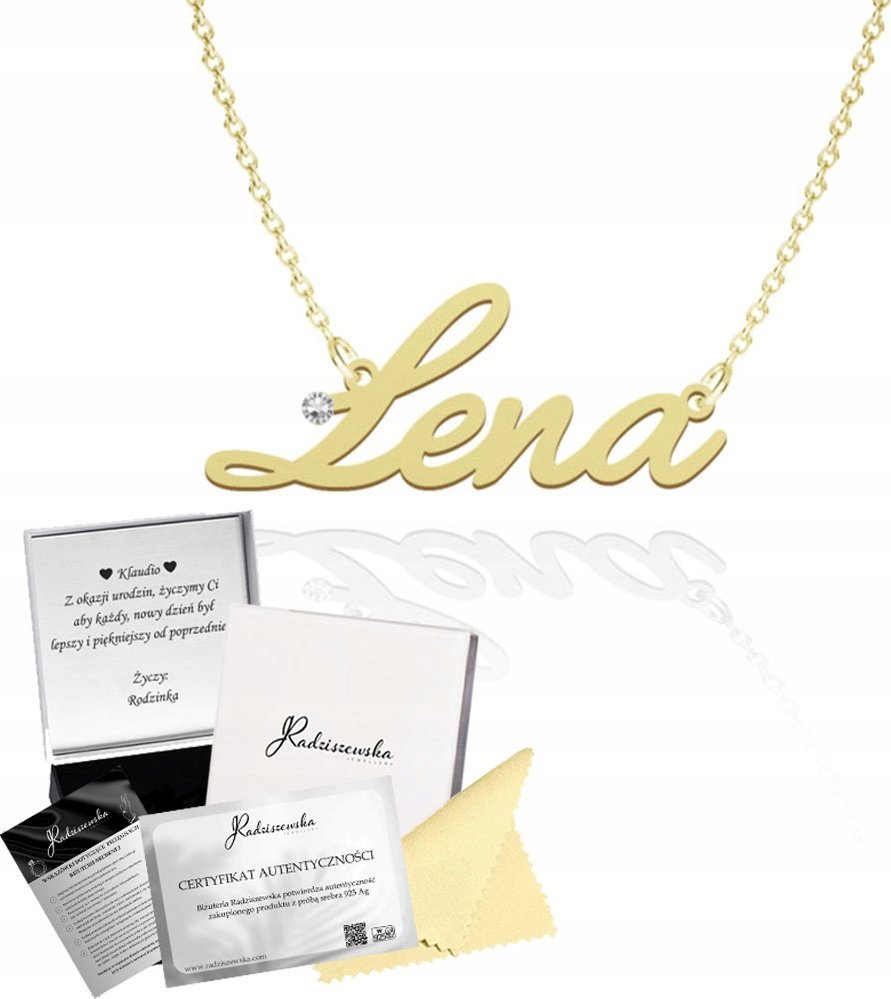 Radziszewska Jewellery Złoty Naszyjnik z Imieniem LENA Łańcuszek SREBRO 925 Prezent ŻYCZENIA