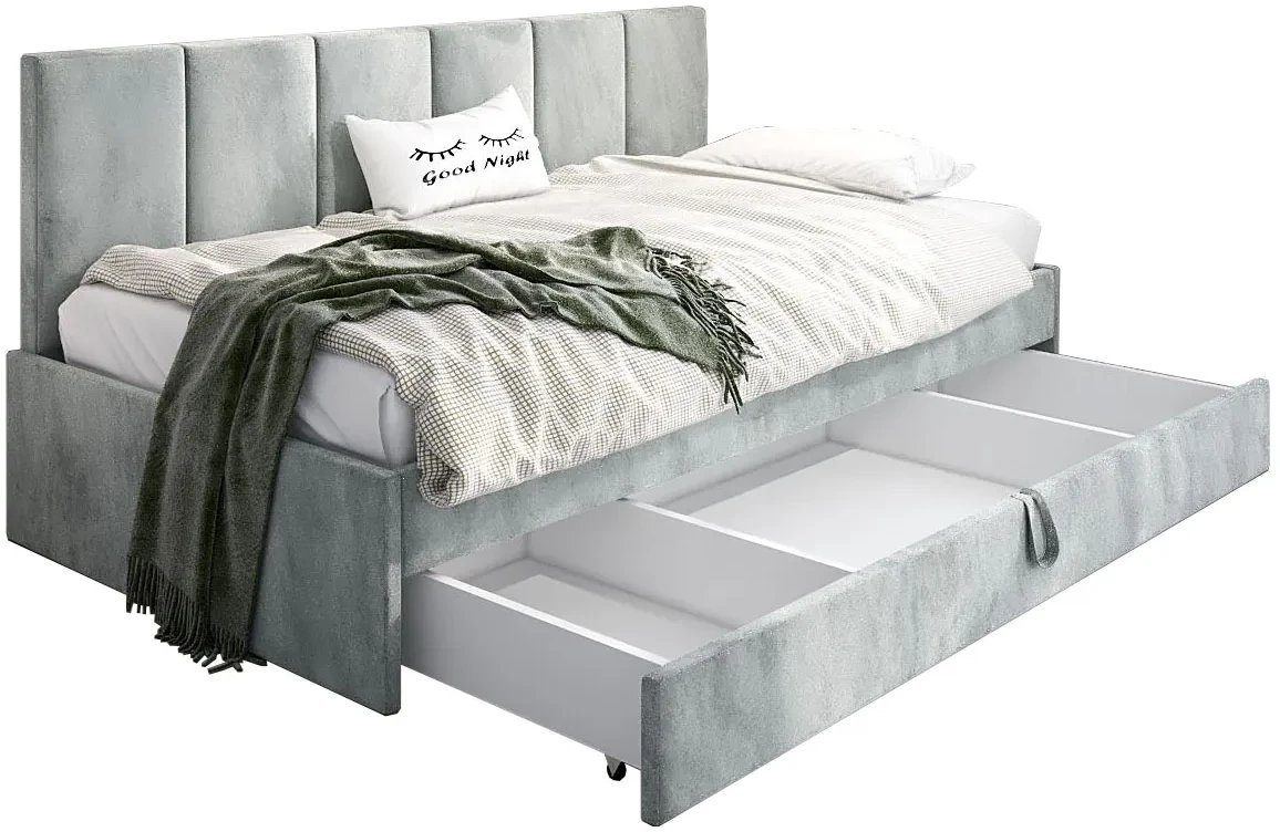 Łóżko młodzieżowe SORA 2 90x200 jasne szare z tapicerowanym panelem i szufladą MKPOL