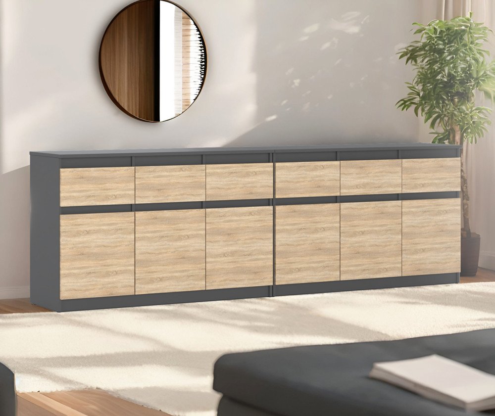 Komoda 6 Szuflad 240cm Szafka Nowoczesna Sypialnia Szary Sonoma Do Salonu