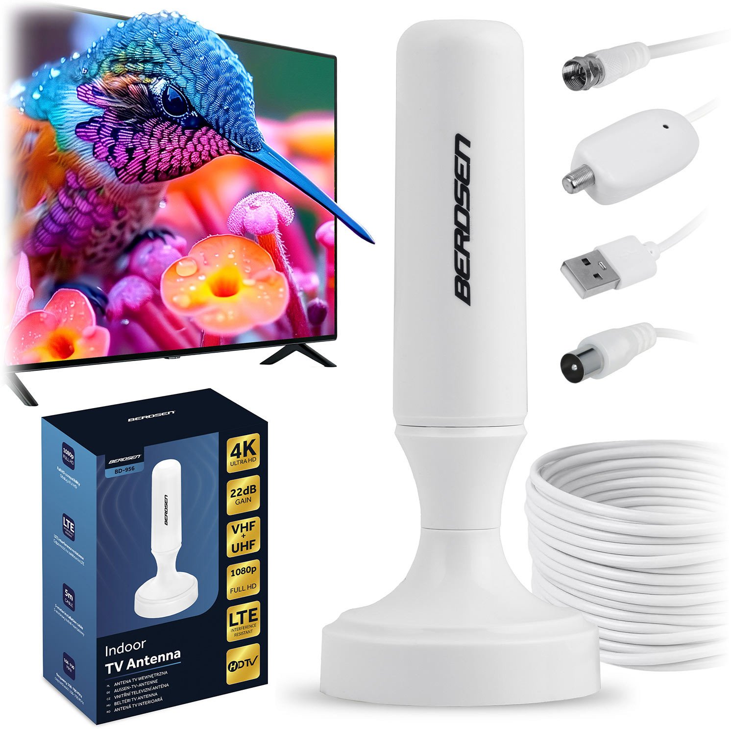 Antena RTV Berdsen Antena wewnętrzna 360 stopni TV ultra HD 4K BD-956 biała