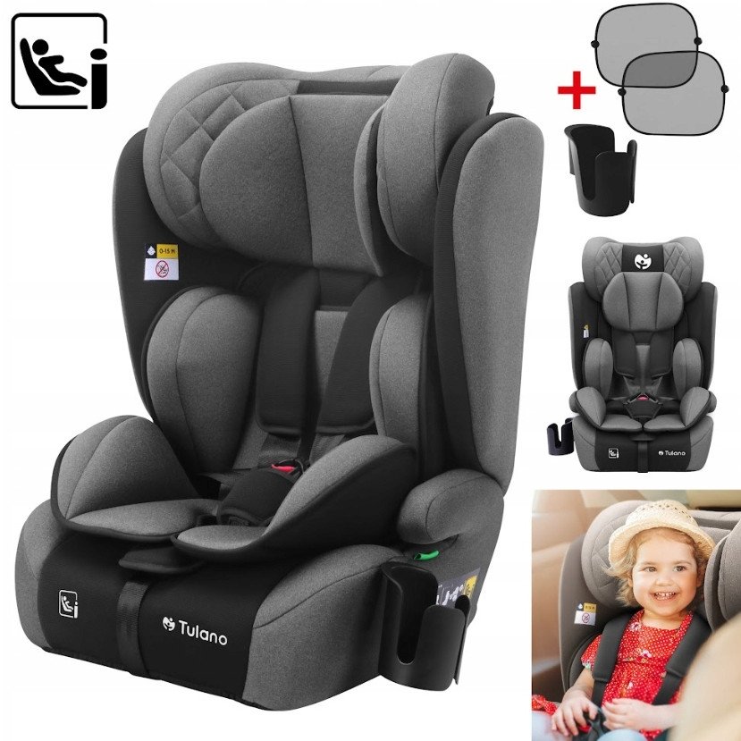 Fotelik Samochodowy Dla Dzieci Tulano Czarno-Szary I-Size 76-150 Cm 9-36 Kg