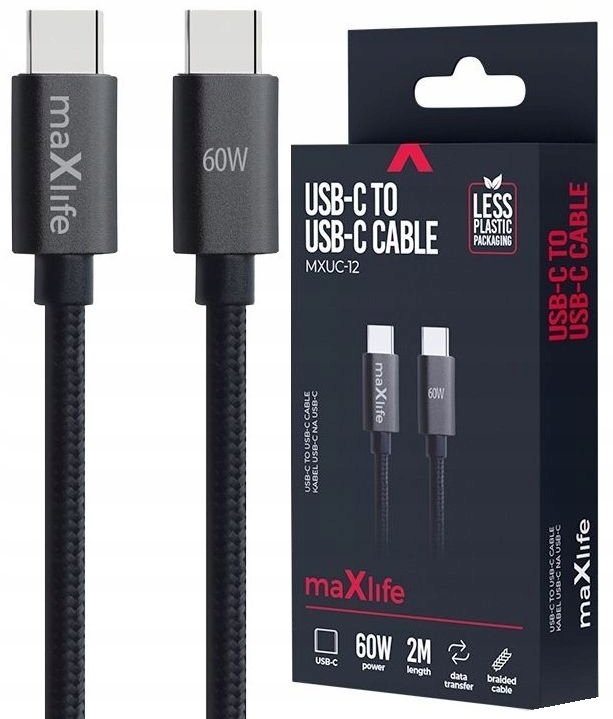 Maxlife kabel MXUC-12 USB-C - USB-C 2,0 m 60W czarny