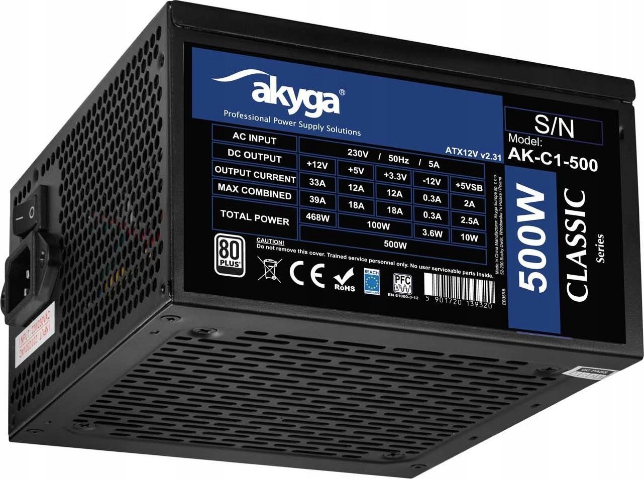 Akyga Zasilacz ATX 500W Akyga AK-C1-500 P4+4 2x PCI-E 6+2 pin 4x SATA 2x Molex APFC FAN 12cm