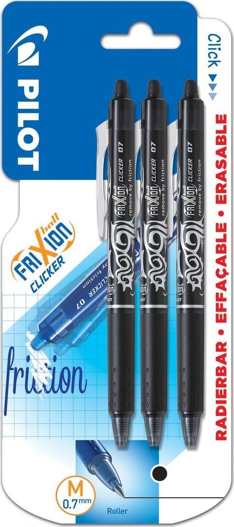Pilot Długopisy kulkowe FriXion Ball Clicker, średnia końcówka 0,7 mm, czarne, 3 szt.